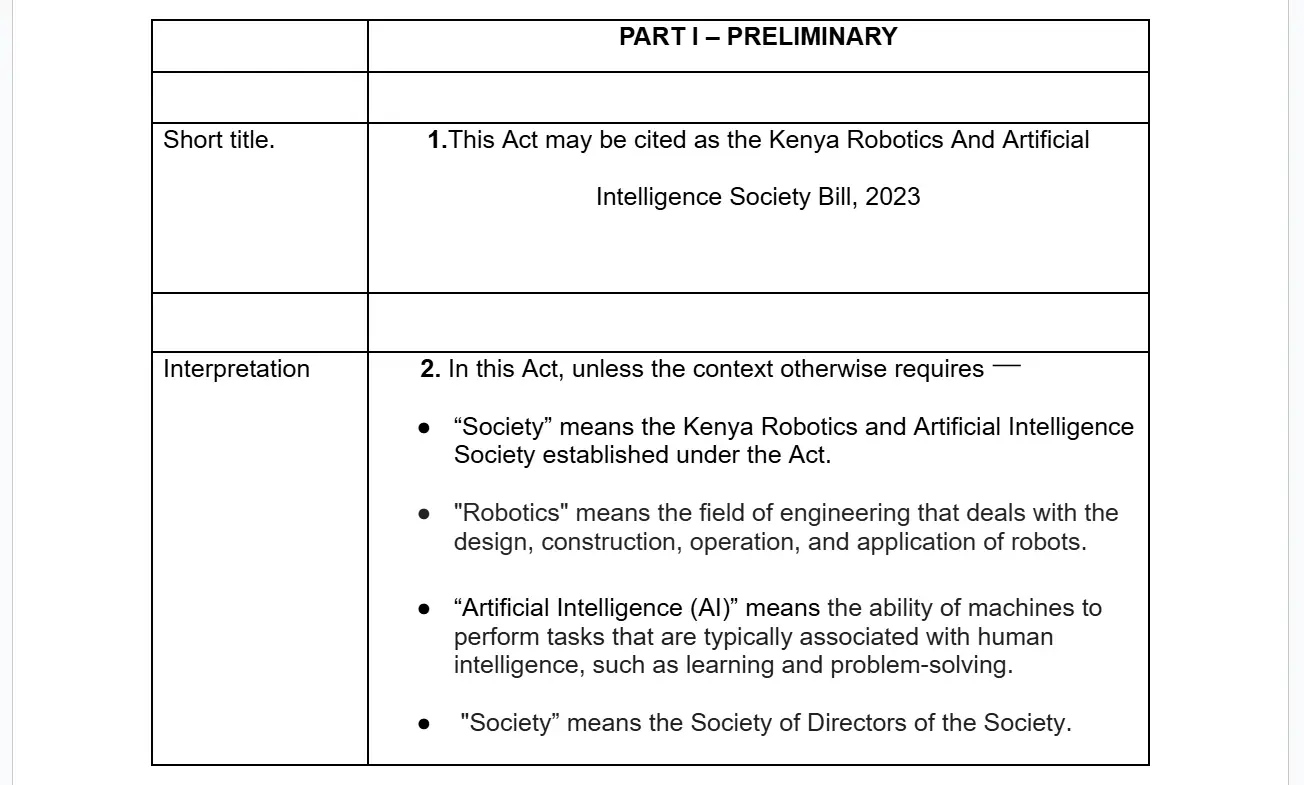 THE KENYA ROBOTICS AND ARTIFICIAL INTELLIGENCE SOCIETY BILL, 2023